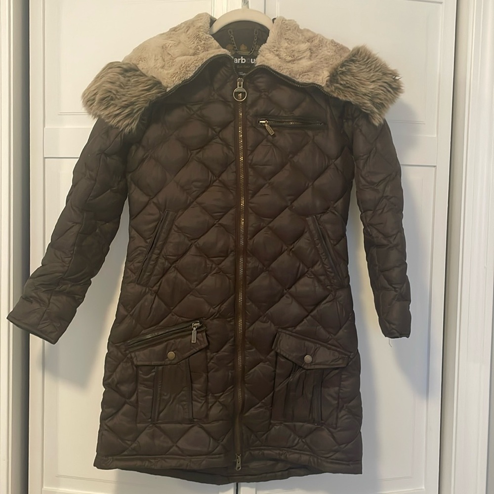 Barbour Brown Quilted Ski Jacket with Faux Fur Trim